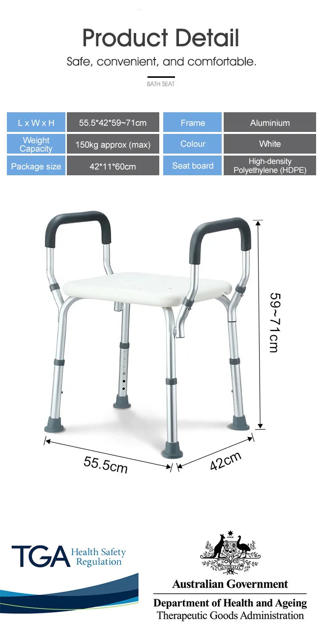 Adjustable Shower Chair Bath Seat Heavy Duty Bathtub Armrests Aid Bench Bathroom