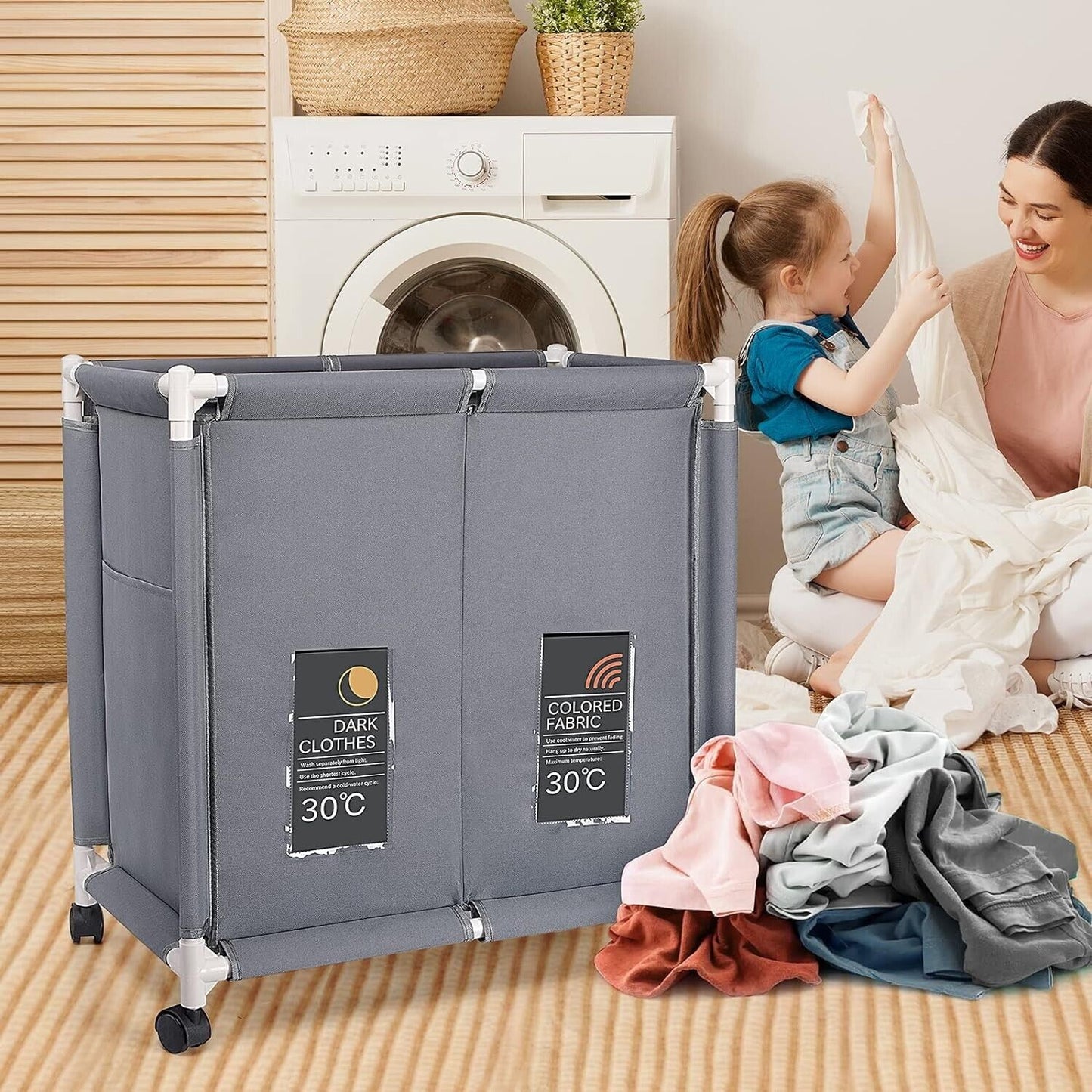 2-Tier Laundry Hamper 110L with Rolling Wheel