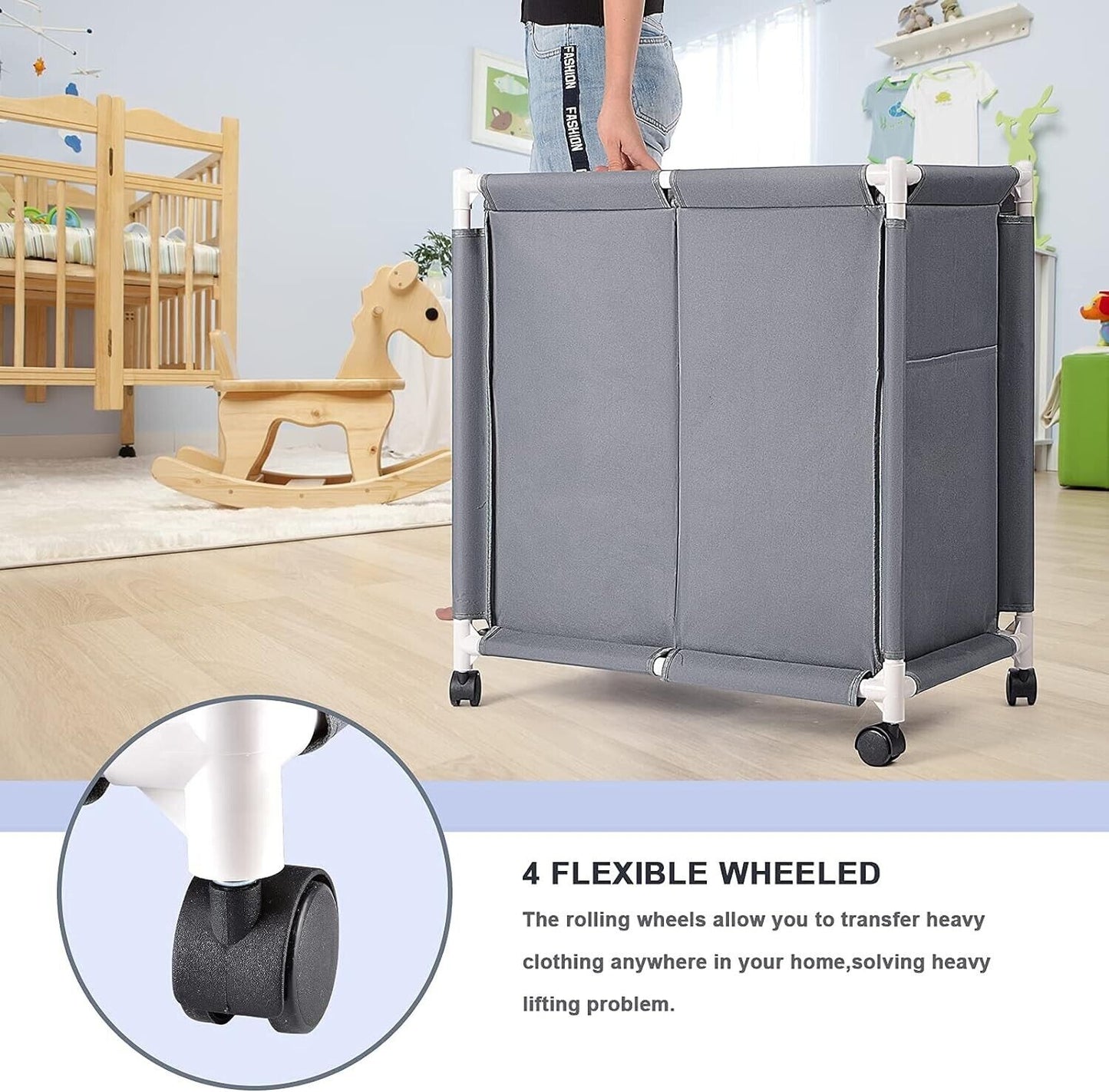 2-Tier Laundry Hamper 110L with Rolling Wheel