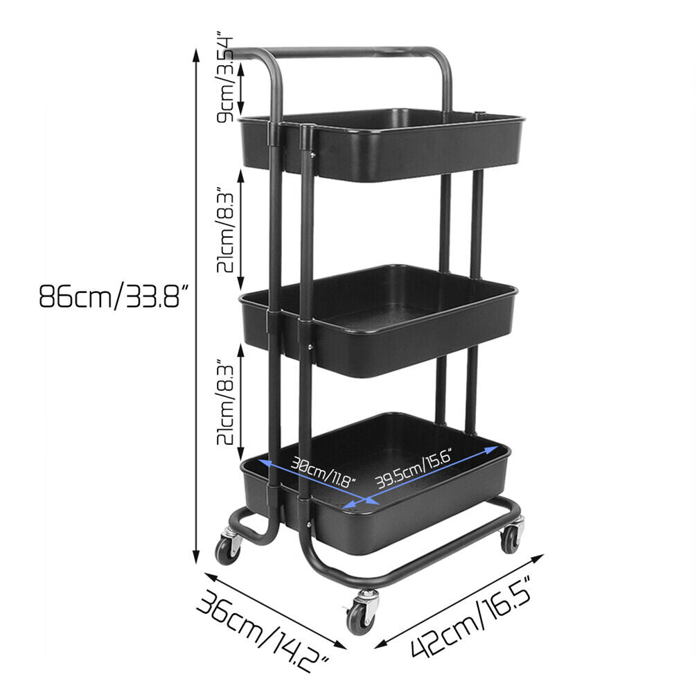 3 Tier Rolling Trolley Cart Shelf Multi-Function Storage