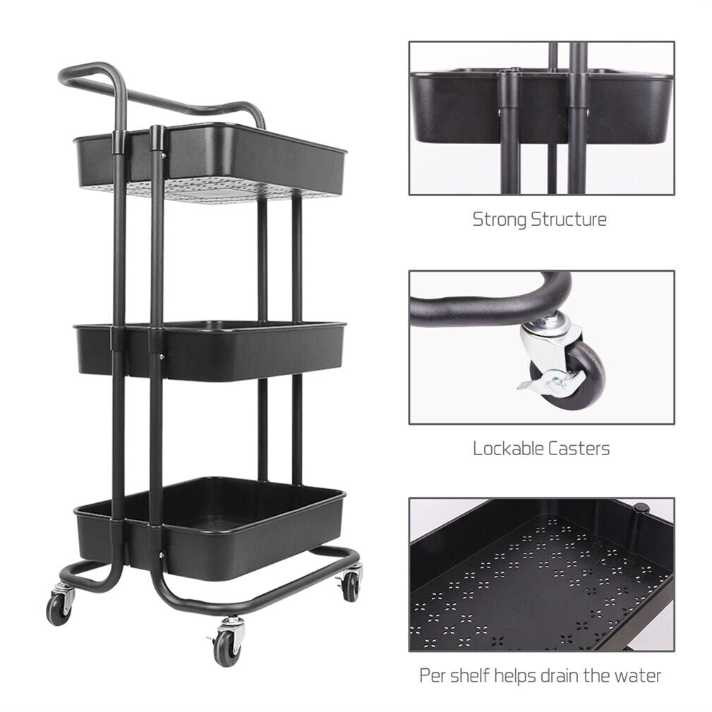 3 Tier Rolling Trolley Cart Shelf Multi-Function Storage