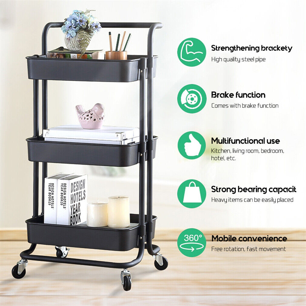 3 Tier Rolling Trolley Cart Shelf Multi-Function Storage