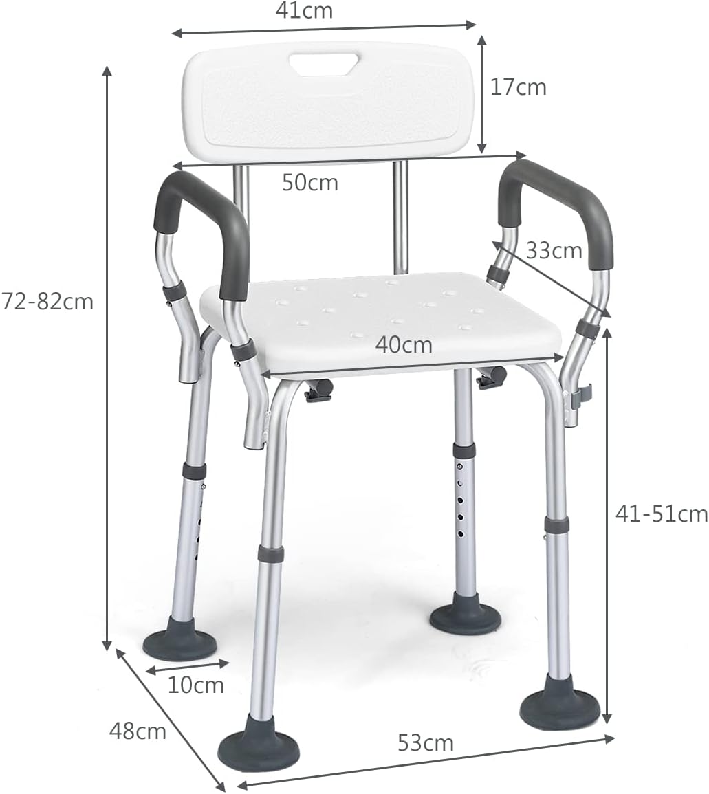 Costway White Shower Chair with Back & Lifting Armrest NDIS and Aged Care