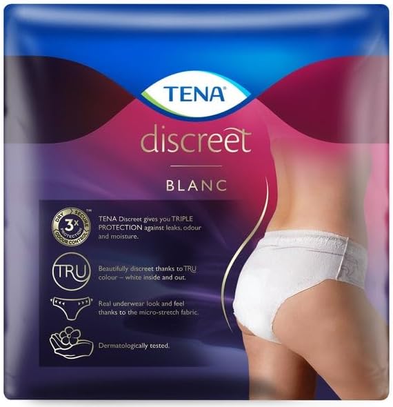 Tena Women Discreet Pants, Moderate to Heavy Incontinence, Blanc Medium - Pack of 8