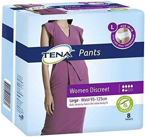 Tena Women Discreet Pants, Low Waist Incontinence, Blanc Large 8 count, Pack of 8