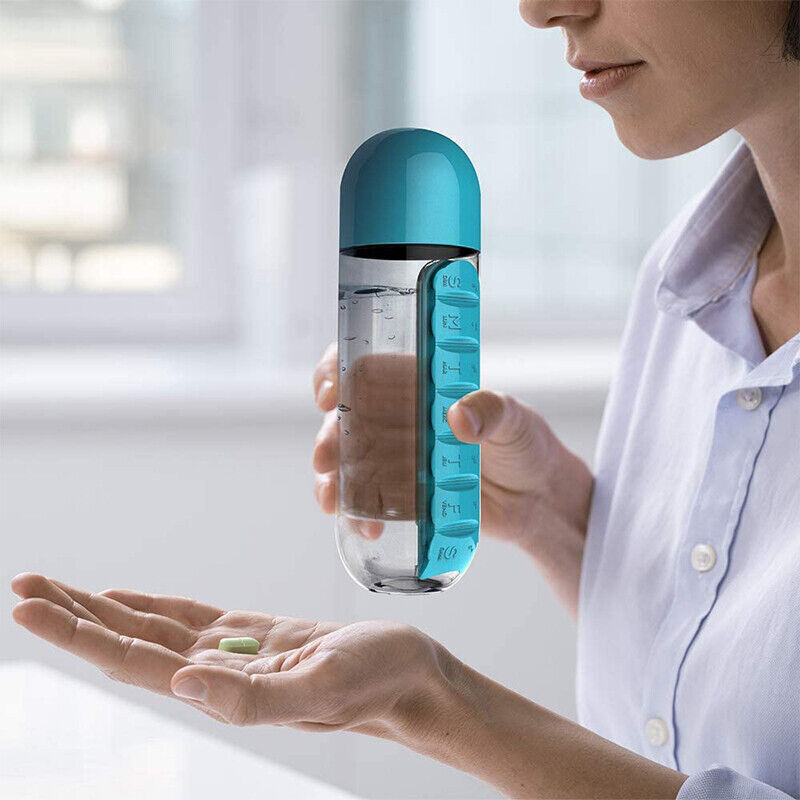 600mL Water Bottle With Daily Pill Box Organiser NDIS & Aged Care