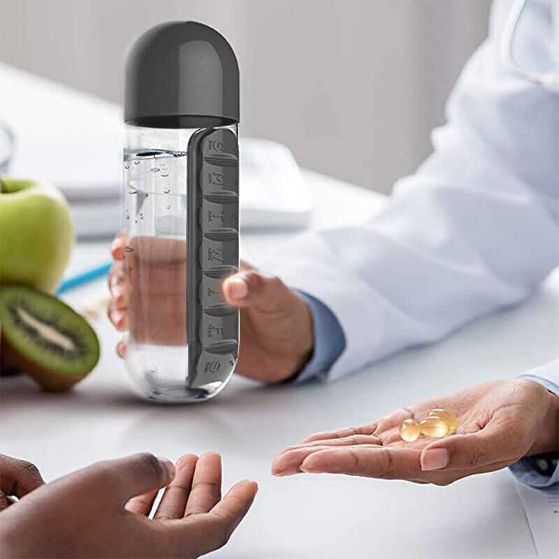 600mL Water Bottle With Daily Pill Box Organiser NDIS & Aged Care