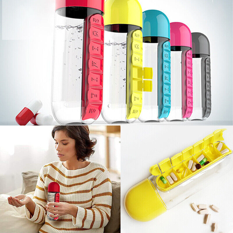 600mL Water Bottle With Daily Pill Box Organiser NDIS & Aged Care