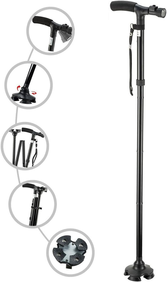 Folding Adjustable Cane with Led Light Quad Base NDIS and Aged Care