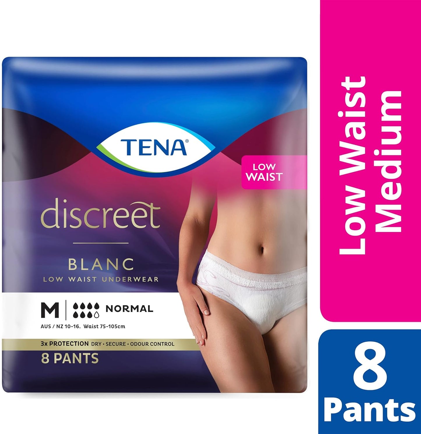 Tena Women Discreet Pants, Moderate to Heavy Incontinence, Blanc Medium - Pack of 8