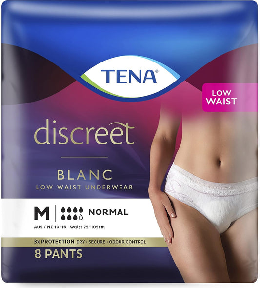 Tena Women Discreet Pants, Moderate to Heavy Incontinence, Blanc Medium - Pack of 8