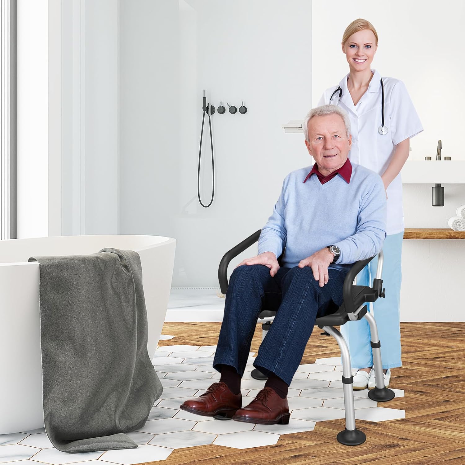 Costway Black Shower Chair U-Shaped Cutout with Back & Lifting Armrest NDIS and Aged Care