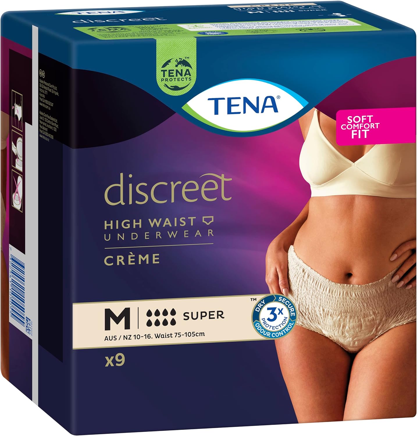 Tena Discreet Super High Waist Pants, Incontinence Underwear, Creme, Medium - 8/9 Pack