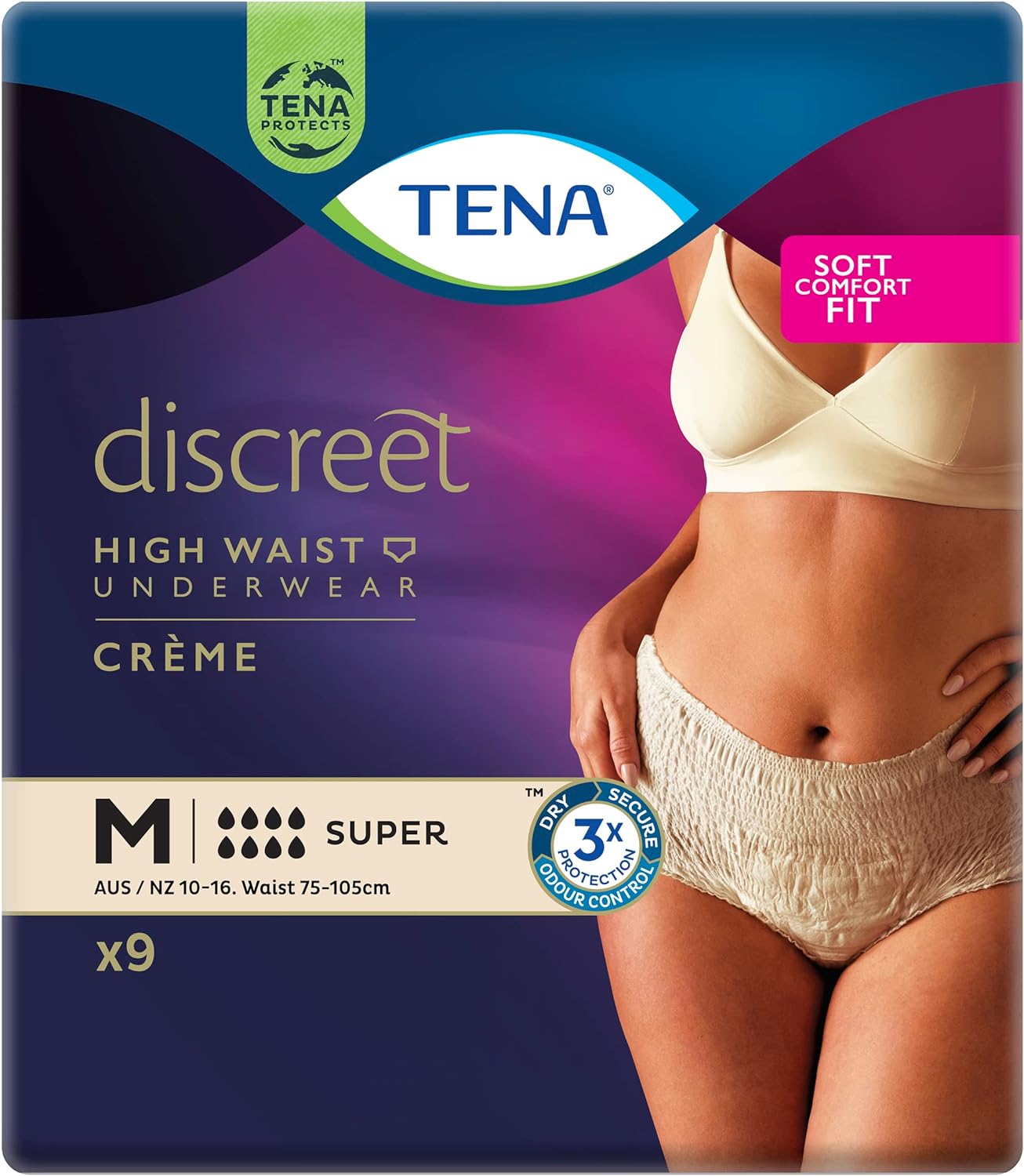 Tena Discreet Super High Waist Pants, Incontinence Underwear, Creme, Medium - 8/9 Pack