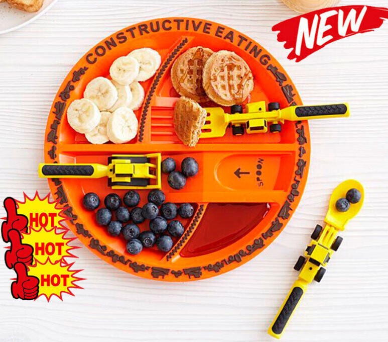 Constructive Eating - Construction Themed Set - Plate, Heavy Equipment Utensils