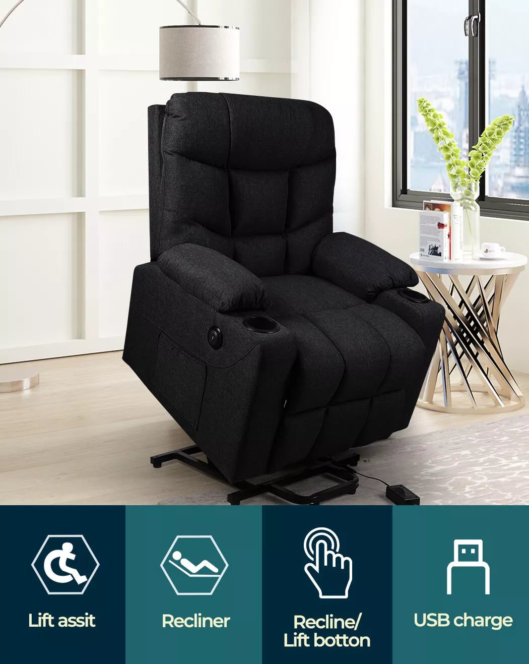 Levede Recliner Chair Electric Lift Chairs Armchair Lounge Fabric Sofa USB