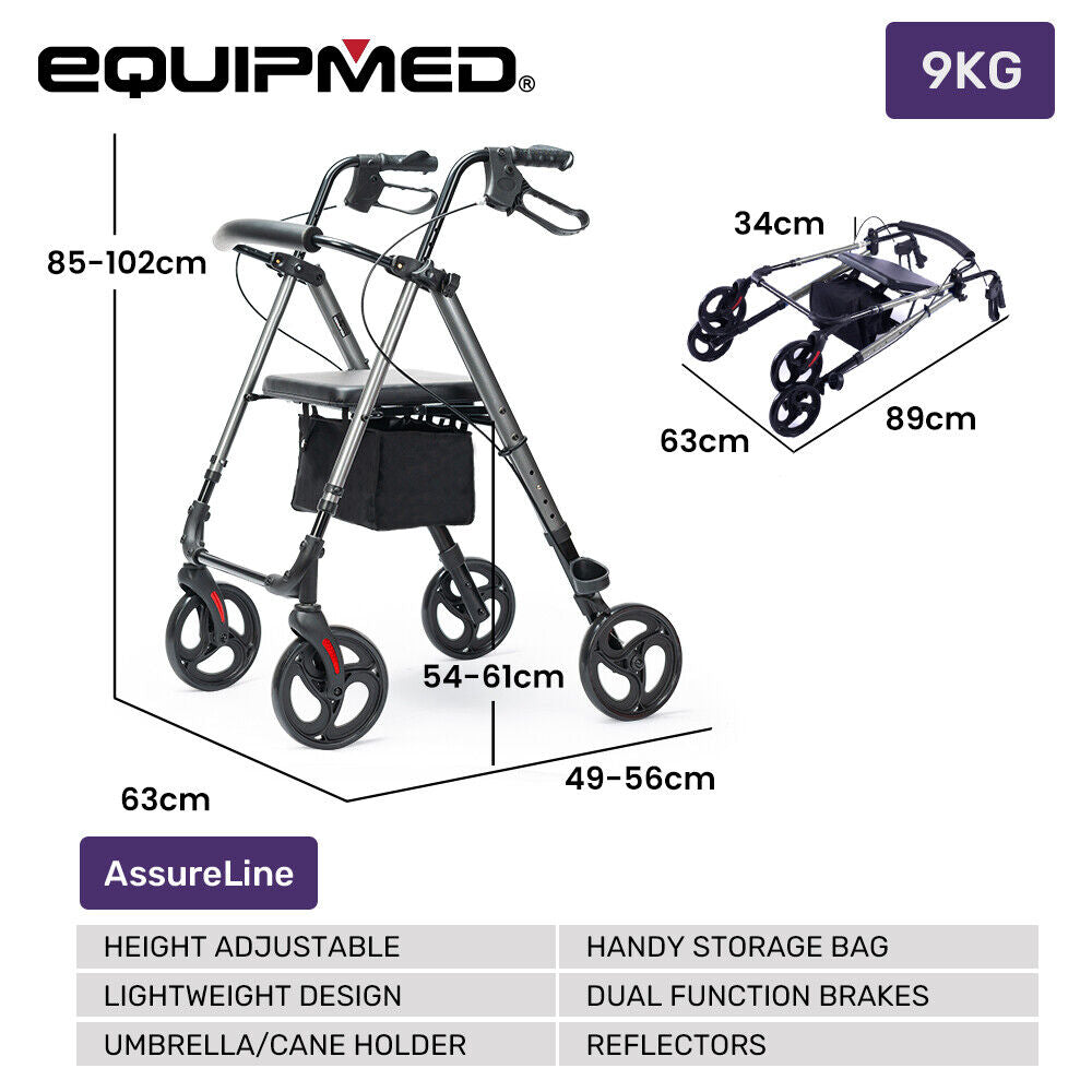 Equipmed Rollator Walking Frame Aluminium Lightweight 4 Wheel Walker Aid Seniors