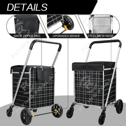 Heavy Duty Shopping Trolley Cart Foldable Large Grocery Utility Cart With Brake