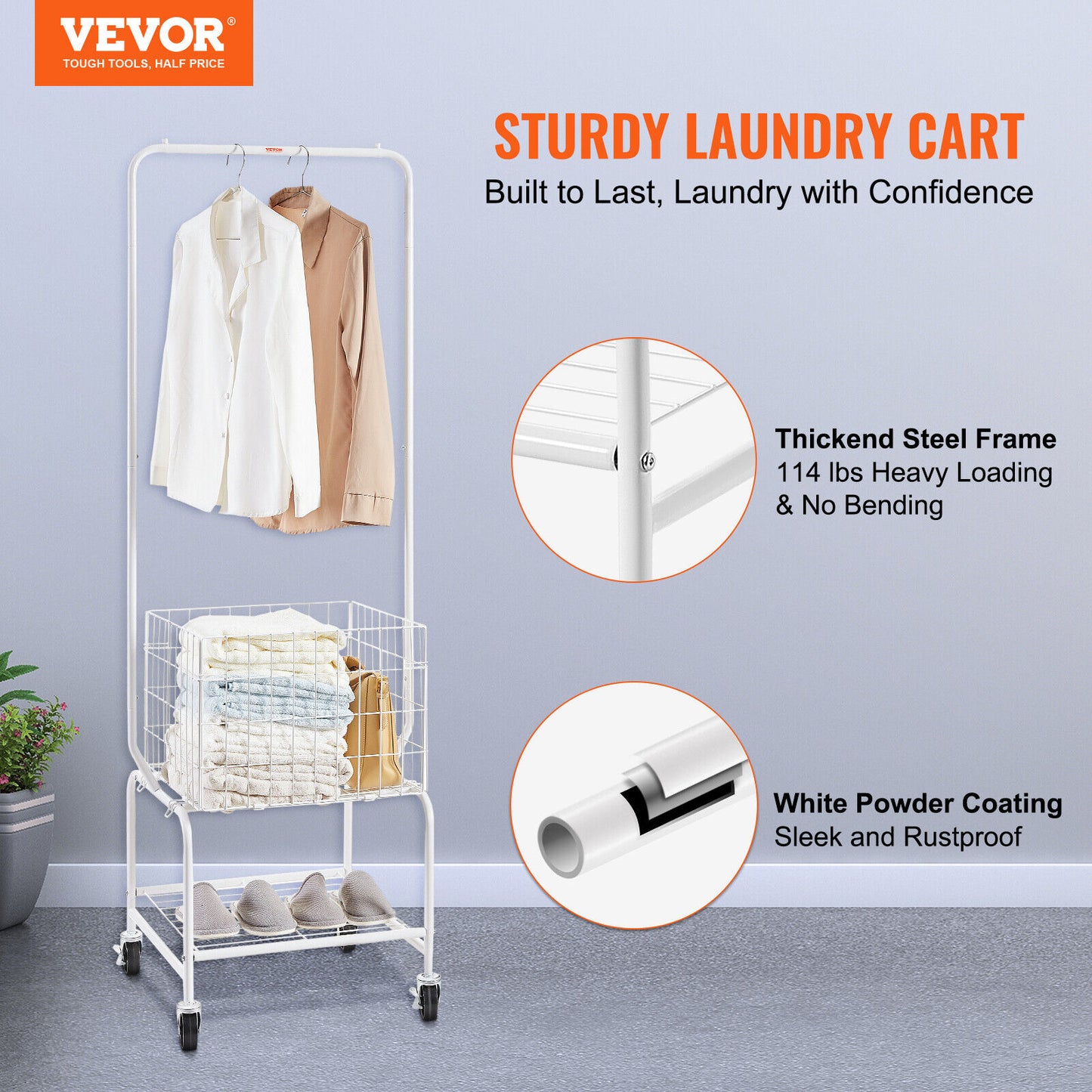 VEVOR Laundry Sorter Cart Trolley w/ Hanging Bar Clothes Rack Storage Basket