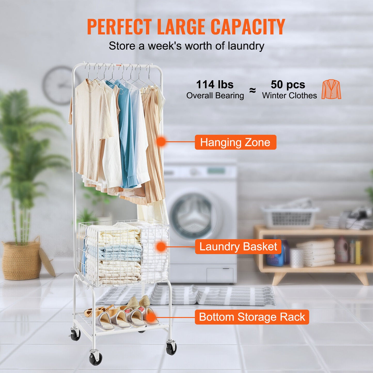 VEVOR Laundry Sorter Cart Trolley w/ Hanging Bar Clothes Rack Storage Basket