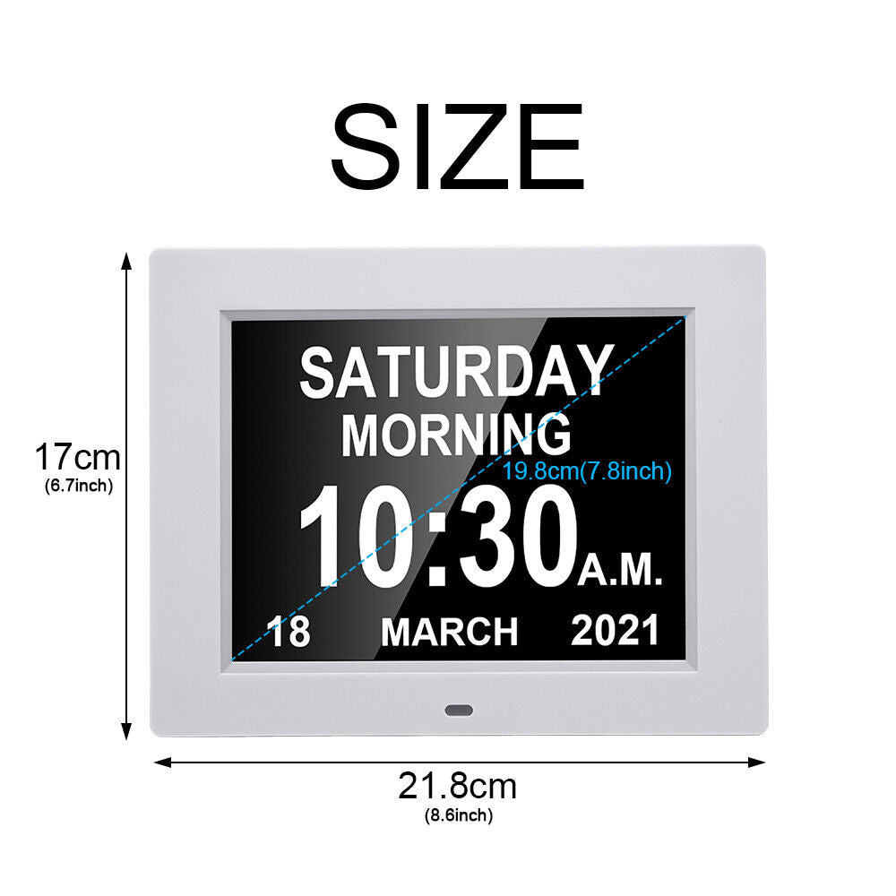 Dementia Clock 8" Digital Calendar Day LED Alarm