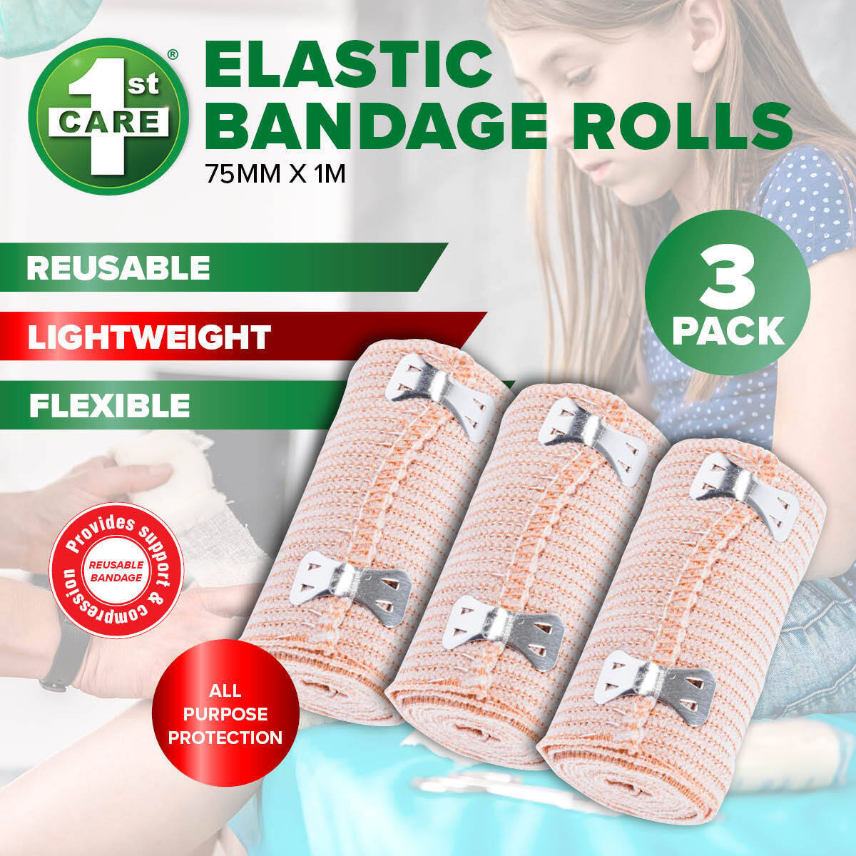 Bandage Elastic 3PK Flexible Re-Usable Washable Stretchy 1M Length