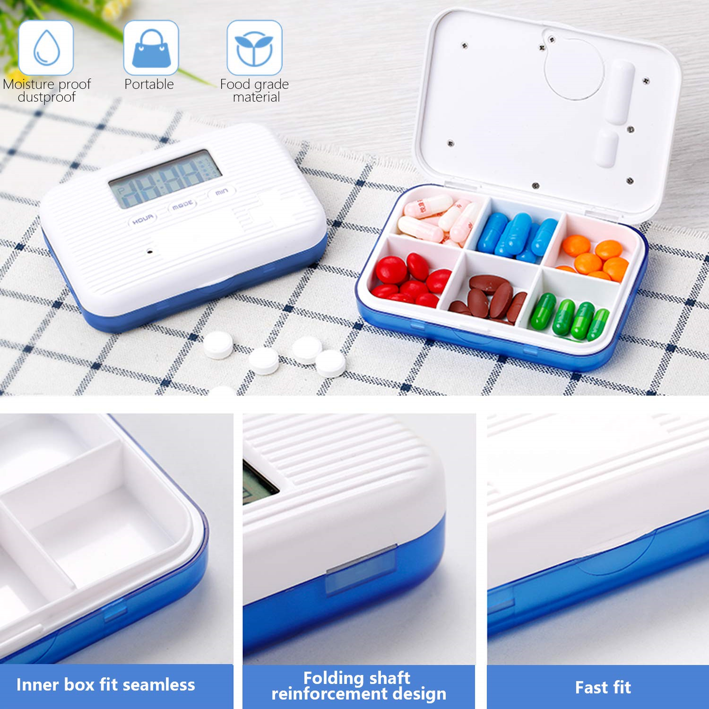 Portable Medication Organizer Pill Box Reminder Alarm 6 Compartments Locking