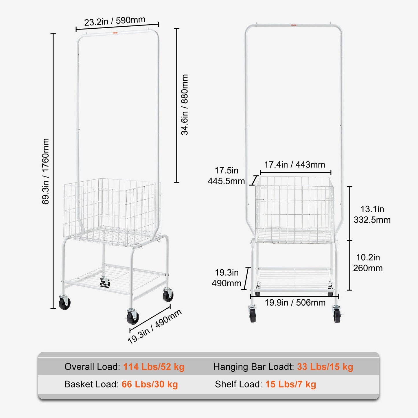 VEVOR Laundry Sorter Cart Trolley w/ Hanging Bar Clothes Rack Storage Basket