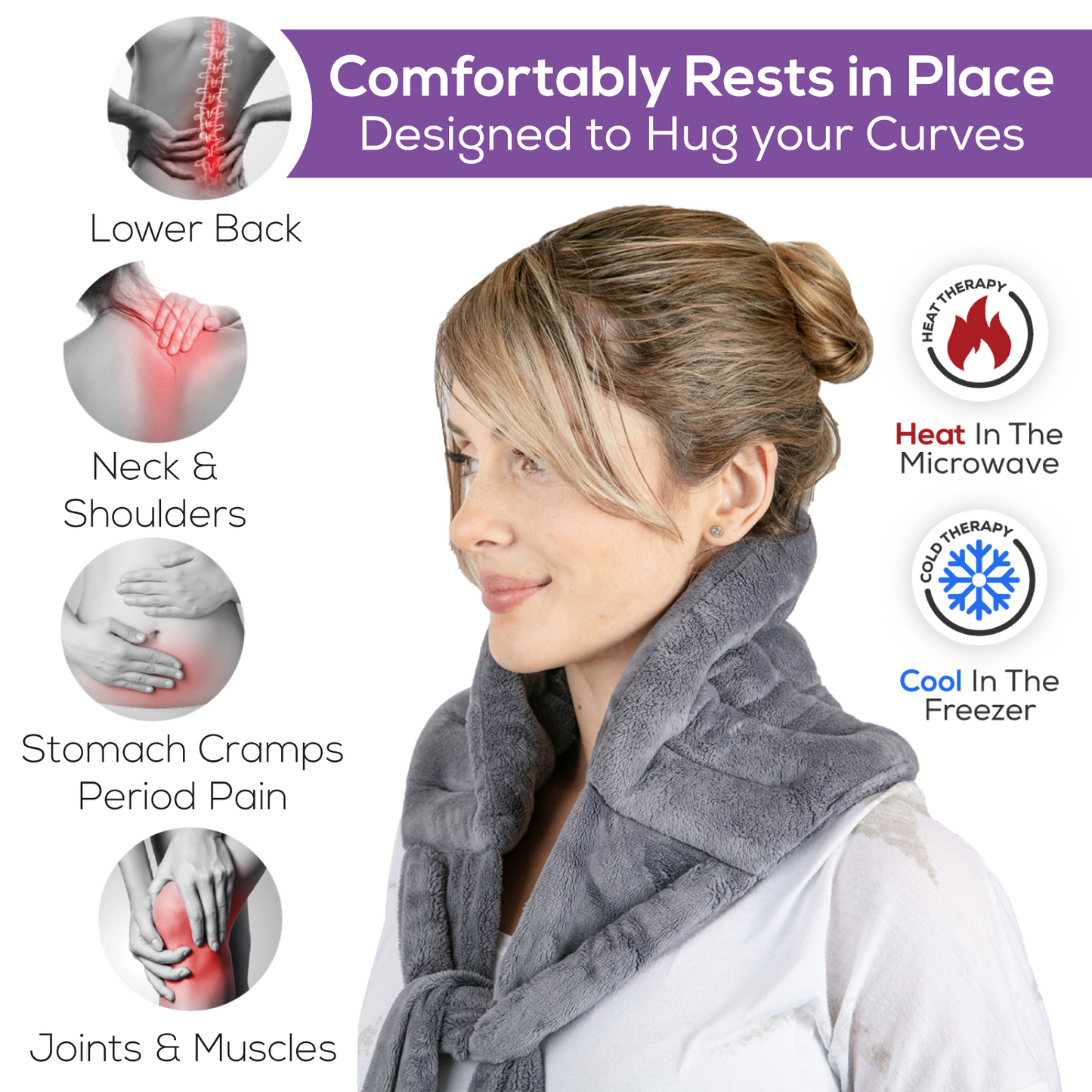 Purple Moon XL Microwave Heat Pack Wrap - Wheat Bag for Lower Back, Cramps Grey