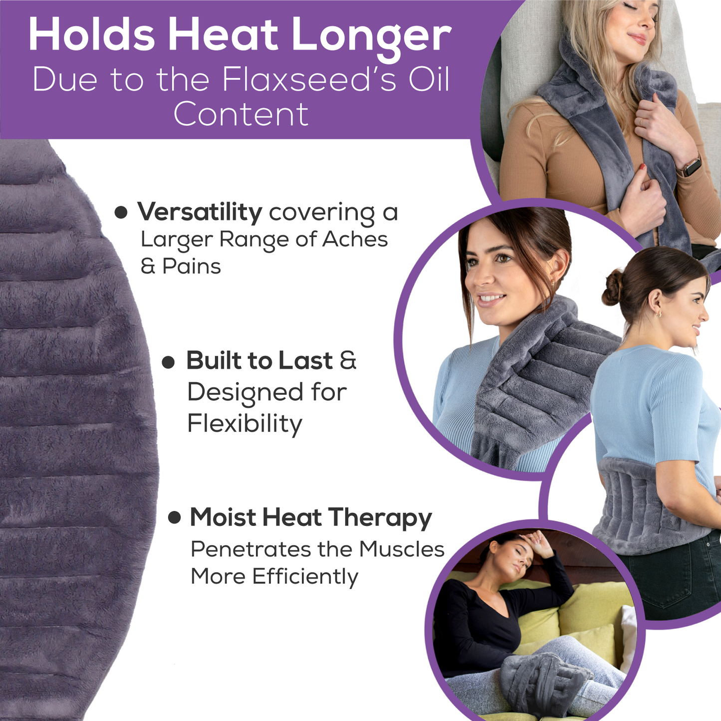 Purple Moon XL Microwave Heat Pack Wrap - Wheat Bag for Lower Back, Cramps Grey