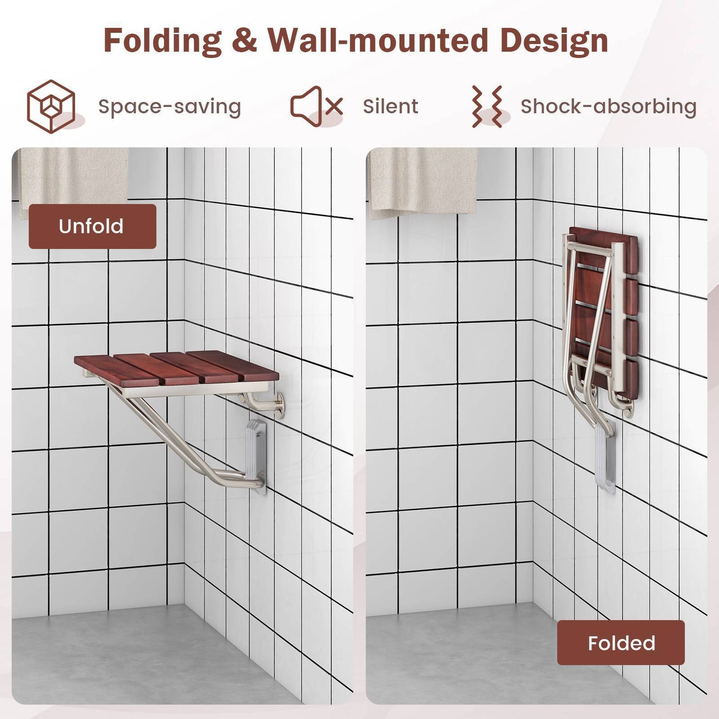 Folding Shower Seat Wall-Mounted Bath Stool Hidden Bathroom Porch 160KG Capacity