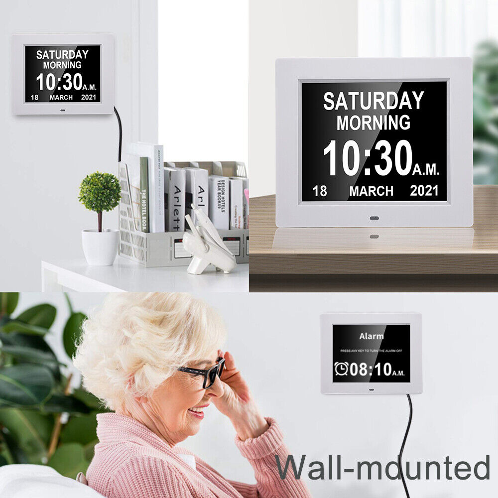 Dementia Clock 8" Digital Calendar Day LED Alarm