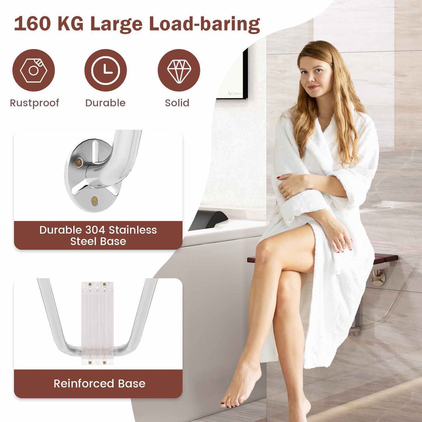 Folding Shower Seat Wall-Mounted Bath Stool Hidden Bathroom Porch 160KG Capacity