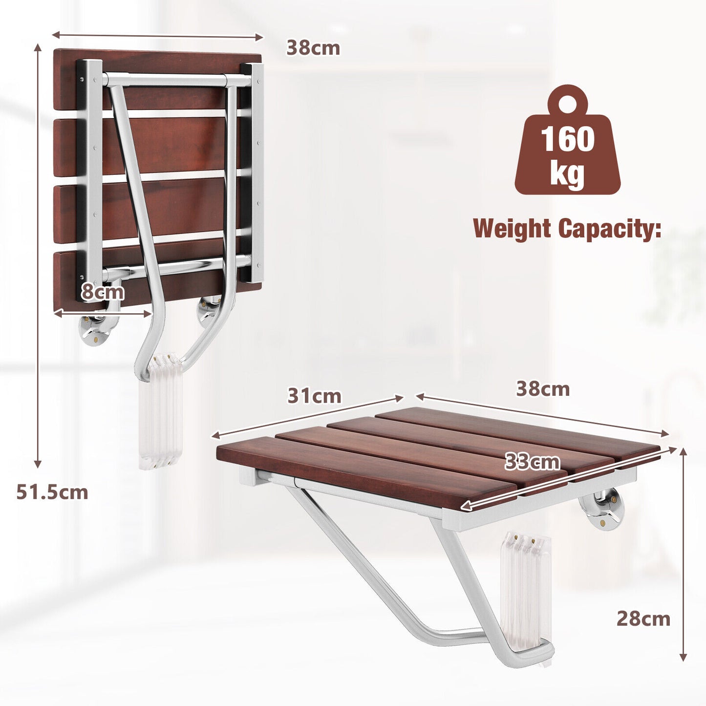 Folding Shower Seat Wall-Mounted Bath Stool Hidden Bathroom Porch 160KG Capacity