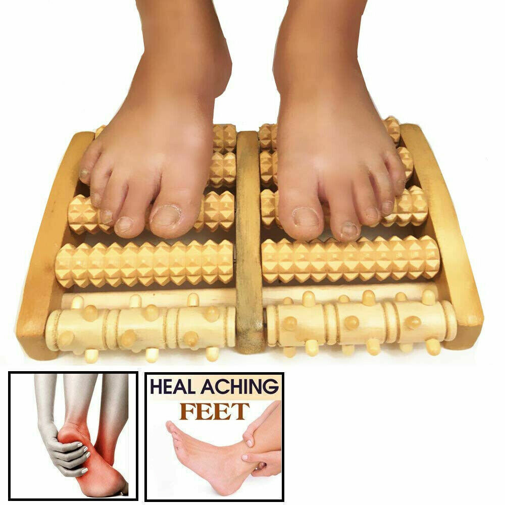 Large Wooden Foot Pain Massager 5 Roller Care Reflexology Relax Stress Relief