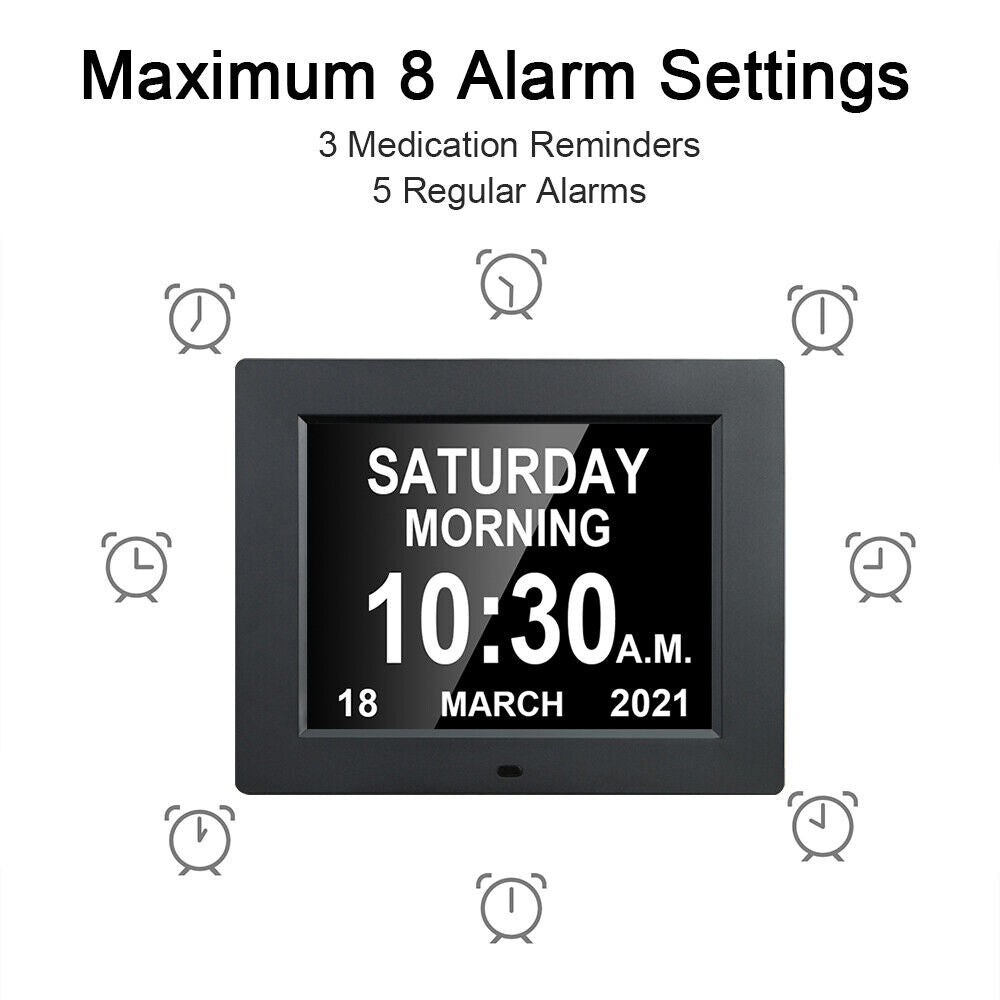 Dementia Clock 8" Digital Calendar Day LED Alarm