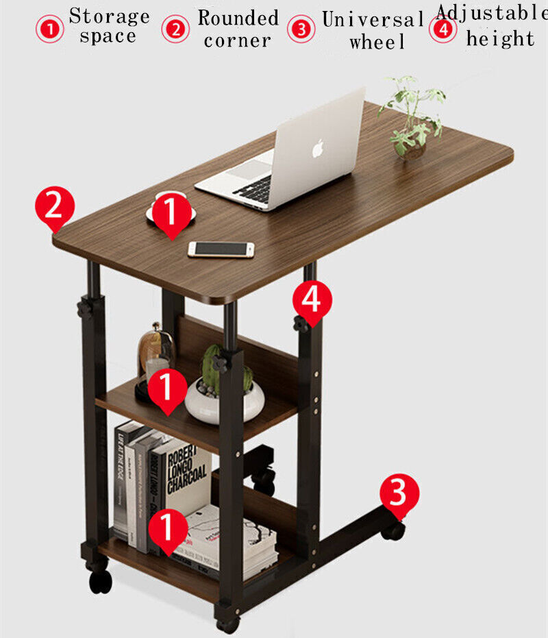 Bedside Desk Mobile Laptop Stand Overbed Table with Wheels Height Adjustable