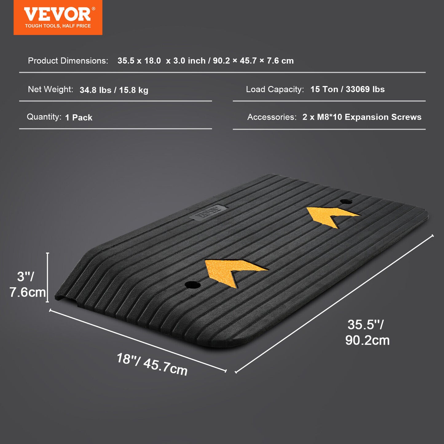 VEVOR 90.2x45.7x7.6cm Curb Rubber Ramp Threshold Ramp Door Ramp 33069 Lbs/15 Ton