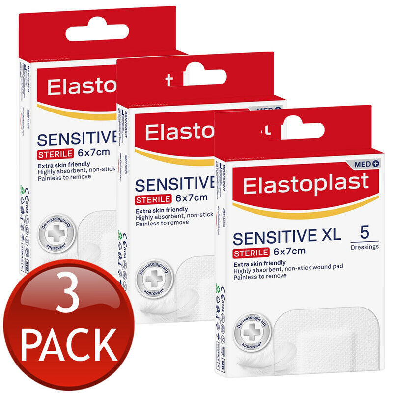 3 x Elastoplast Sensitive XL 5 Pack Dressings Bandage Gauze Pad