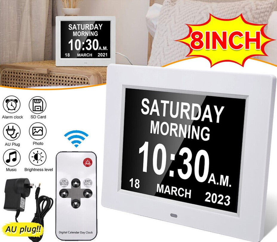 Dementia Clock 8" Digital Calendar Day LED Alarm