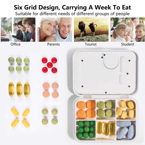 Portable Medication Organizer Pill Box Reminder Alarm 6 Compartments Locking